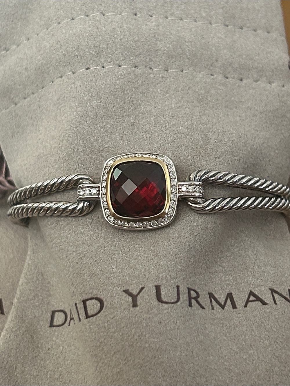 David Yurman Silver Cable Bracelet with Deep Garnet Center and Diamond Halo